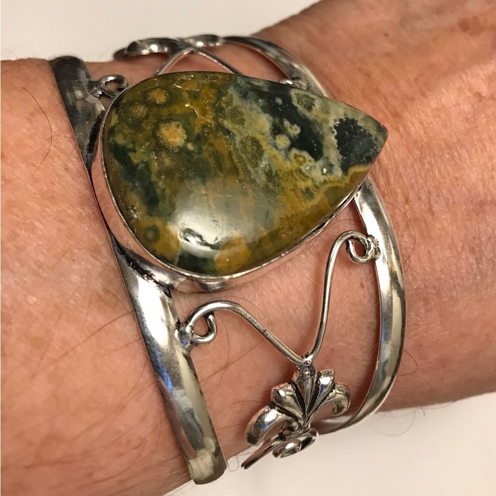 Ocean Jasper Stamped 925 Sterling Silver Cuff Bracelet